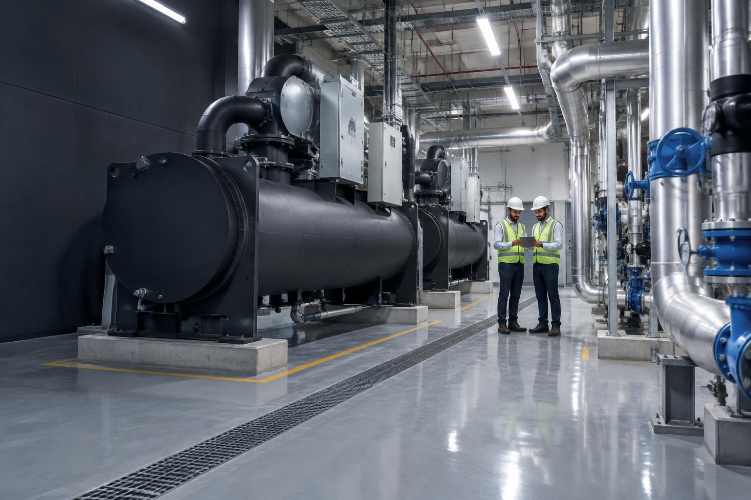 Engineers inspecting a modern chilled-water plant